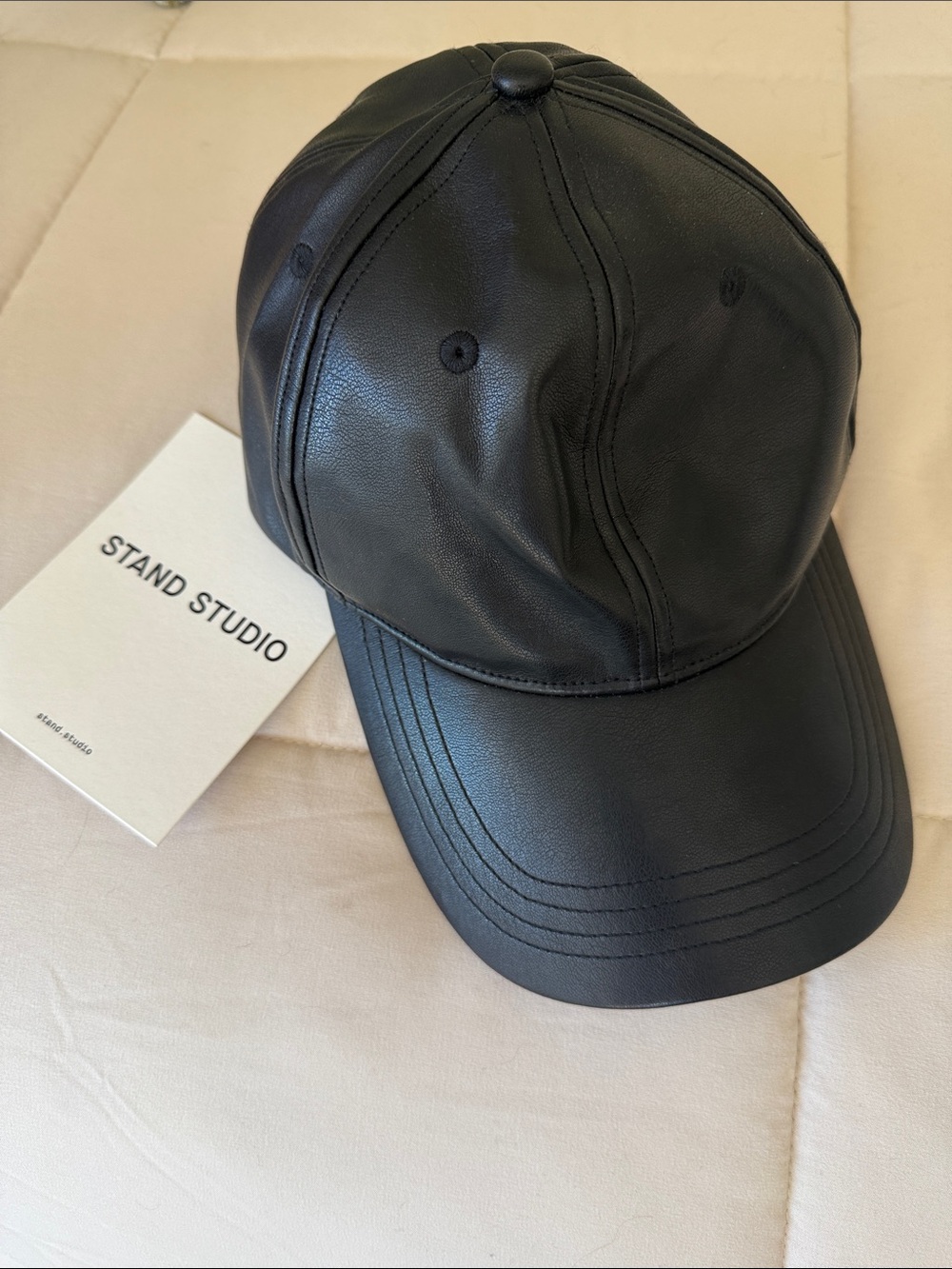Stand Studio Black Faux Leather Baseball Cap with Top Button